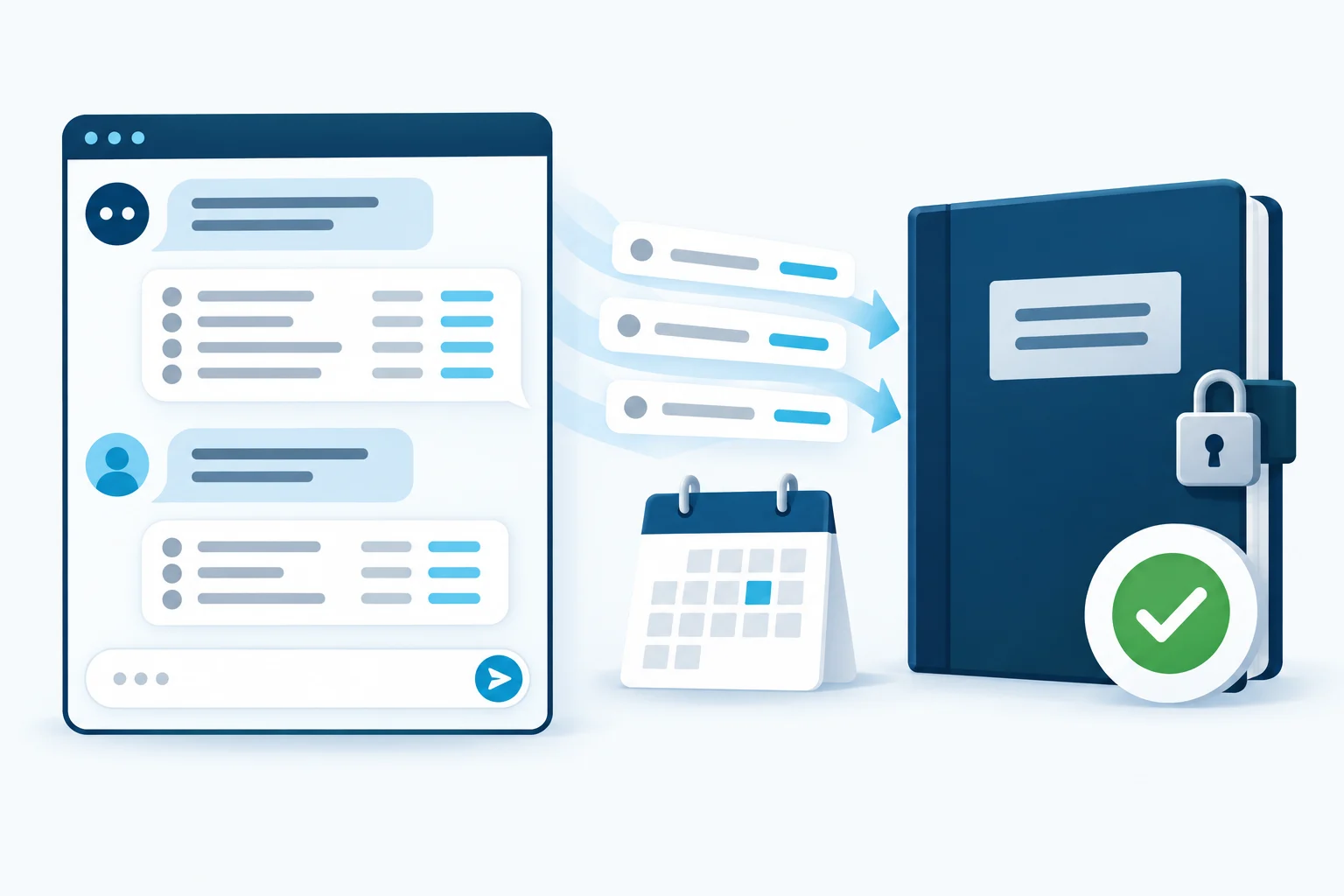 Illustration of transactions moving from a chat window into a locked ledger book with a check mark, next to a calendar page